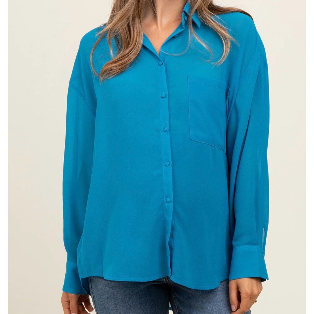 NWT Pinkblush Blue Sheer Button Down Maternity Blouse S